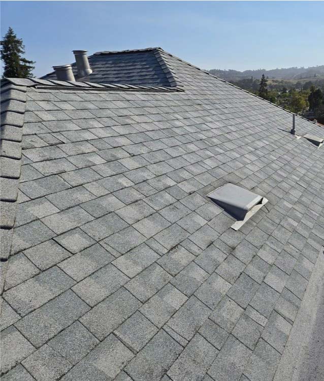 asphalt shingle roof completed by the best roofers Astro roofing, after performing a roof repair in San Leandro, CA