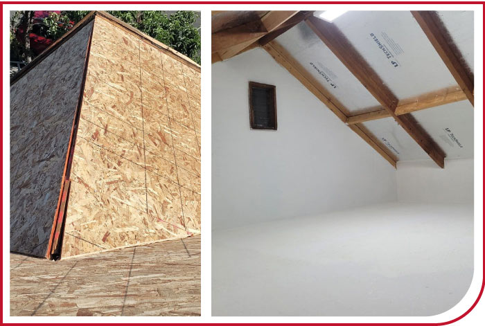 Two-panel image: one showing exterior plywood sheeting on a new construction area, the other showing the interior attic space with exposed beams and TechShield insulation
