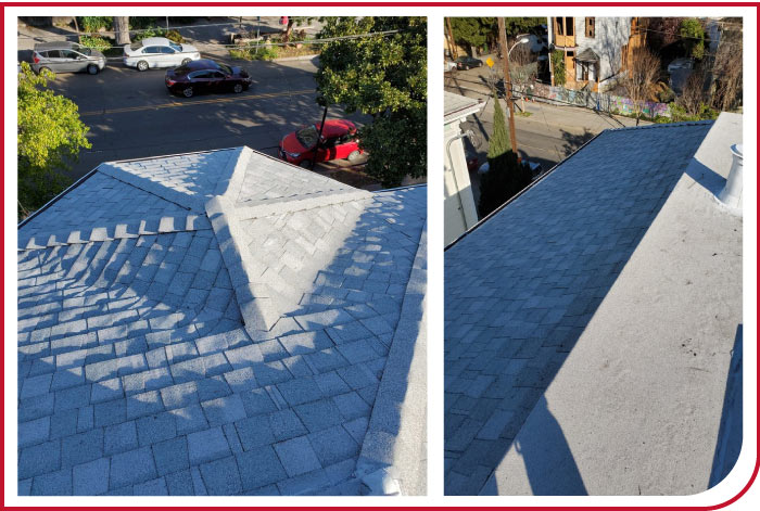 Close-up of a new light grey shingle roof and a modified bitumen flat roof section on a residential property